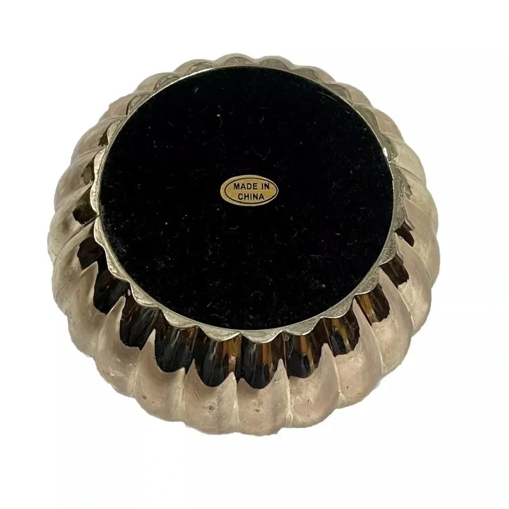 Vintage Silvertone Metal Ribbed Round Jewelry Trinket Jar Rhinestone Covered Lid